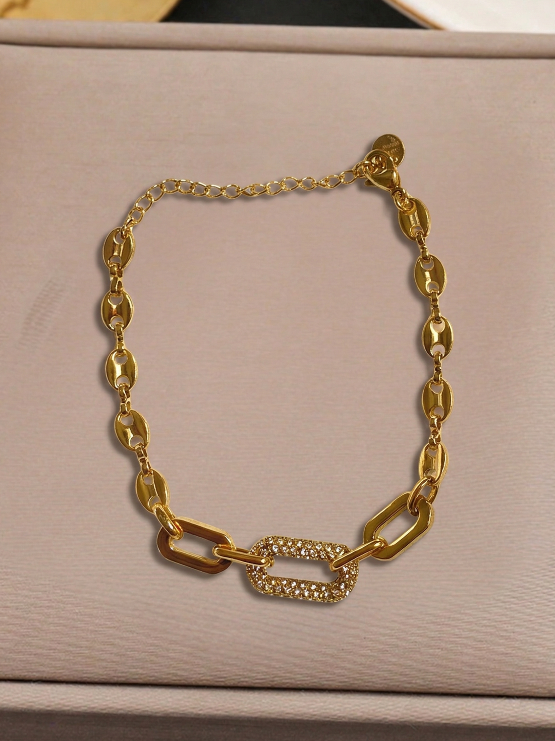 18K Gold Plated Oval Link Bracelet with Crystal Rectangle Charm