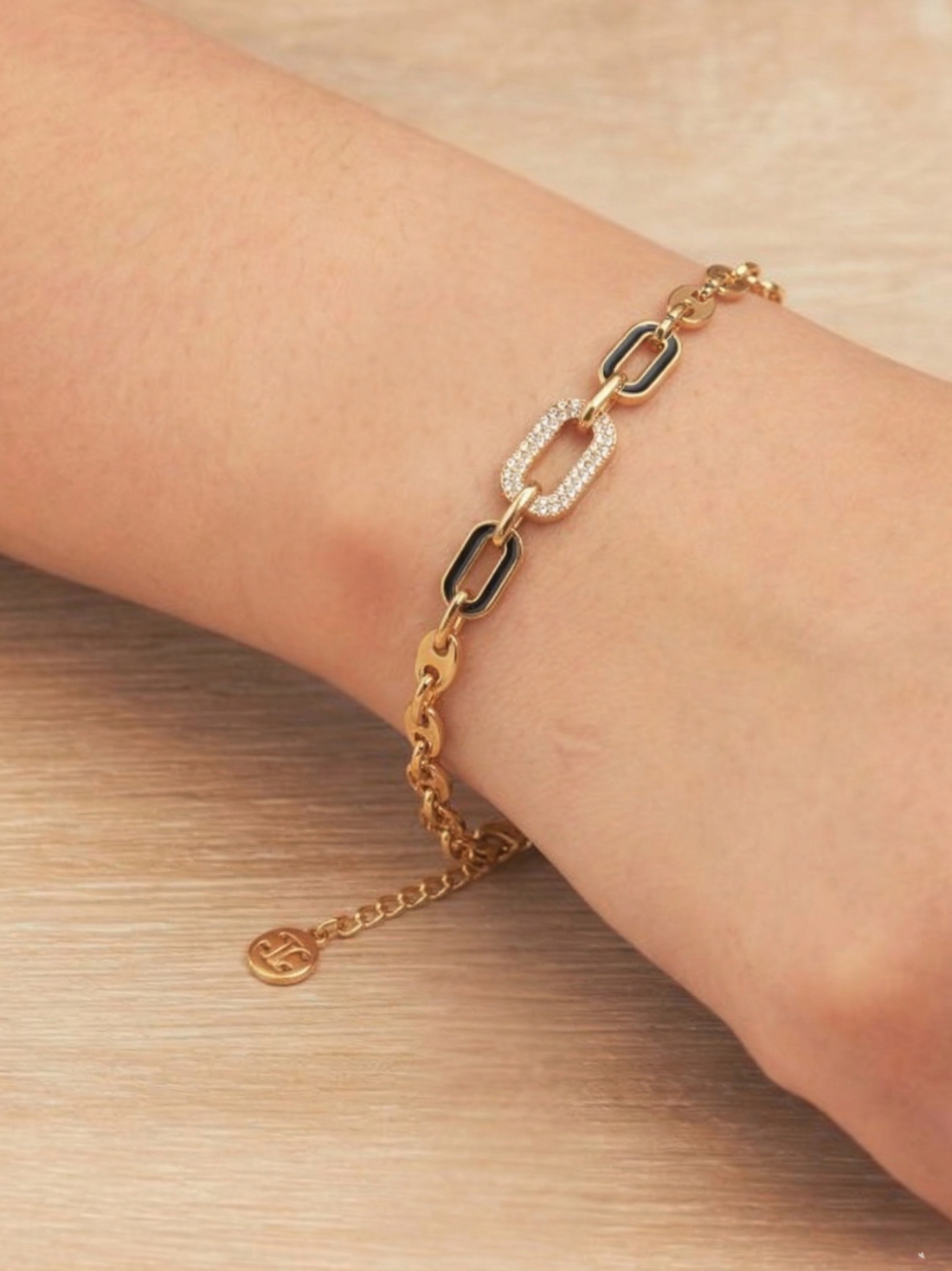 18K Gold Plated Oval Link Bracelet with Crystal Rectangle Charm